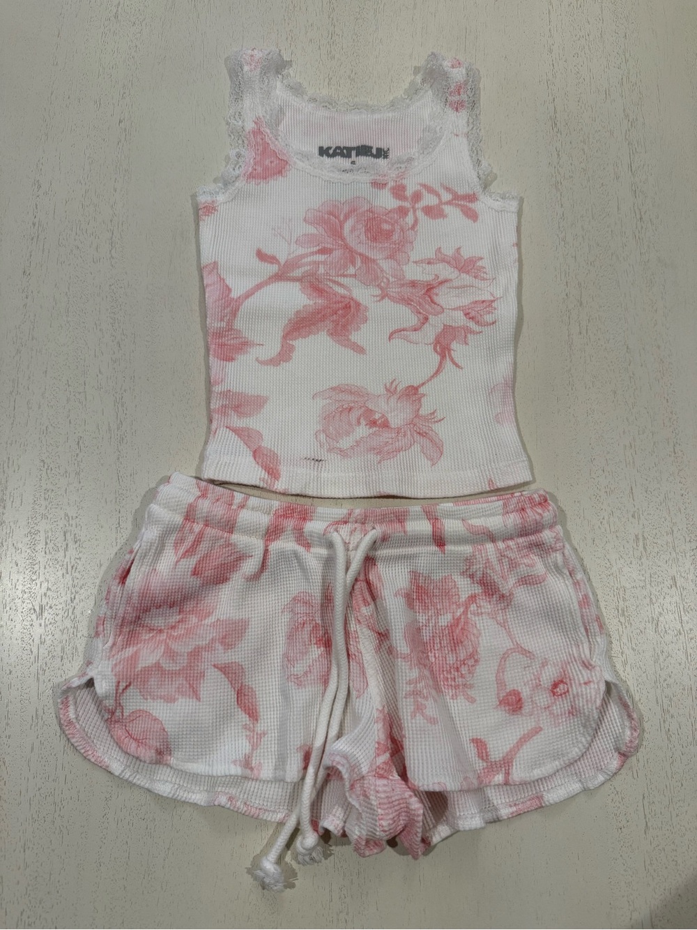 Katie J NYC White and Pink Floral Ribbed Shorts